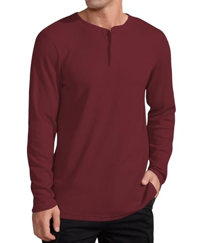 QUALFORT Men's Henley Long Sleeve Shirt Slim fit Beefy Waffle