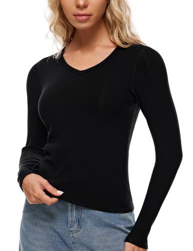 Wingslove Women's Long Sleeve Shirts Thermal Tops V Neck Built in Bra Cold Weather Fit Warm Base Layer Outfits