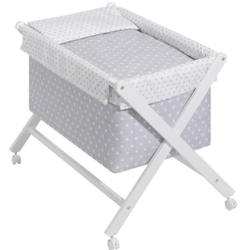 mibebestore Minicuna de Tijera Plegable de Madera con Ruedas y Frenos – Incluye Colchón, Colcha, Almohada y Textil 100% Algodón – hasta 9 Meses – Blanco/Gris Star