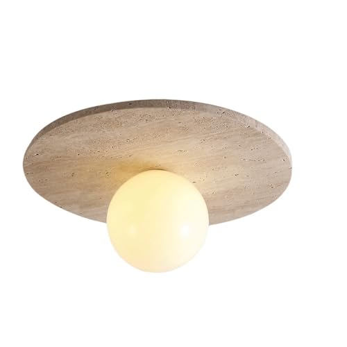 LOEKSDGEW Natural Travertine Flush Mount Ceiling Light Modern Stone Disc with Frosted Glass Globe Ceiling Lamp 11.8 Inch Small Lighting Fixture for Hallway Entryway Corridor