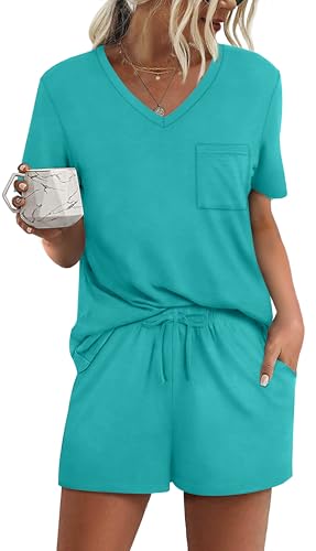 Image of RUBZOOF Women's Short Sleeve Pajama Sets with Pockets Casual V Neck 2 Piece Lounge Sets S-3XL