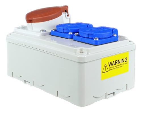 RoadEu - CEE Steckdose 16A und 2x Schuko Verteiler - Steckdosenverteiler - Stromverteiler 16A, IP44 Für den Innen- und Außeneinsatz Baustromverteiler 16A.
