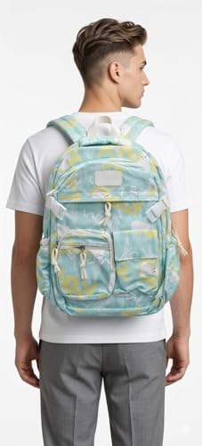 Image of YUMA Graffiti Print Backpack, White and Black, Multi-Pocket, Casual Style, for Women