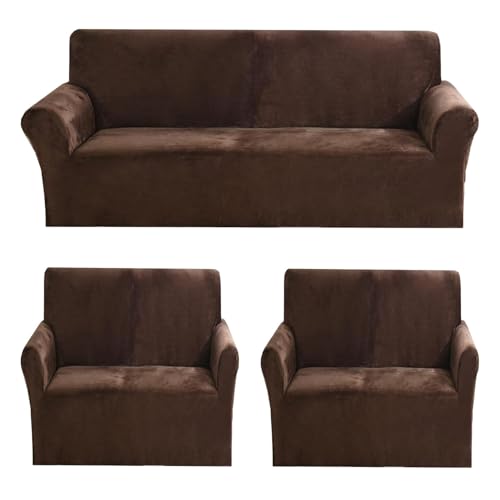 Image of Gifts Island Premium Velvet Sofa Cover 3 Seater and 2 Seater Fully Covered Universal 5 Seater Sofa Cover Non-Slip Sticky Elastic Stretchable Slipcover (Velvet Brown)