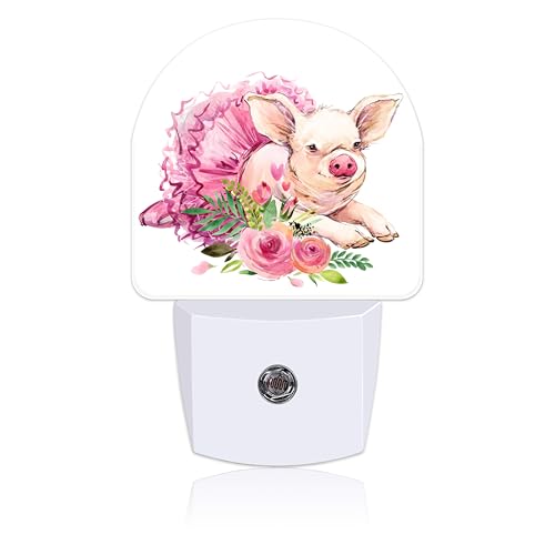 Image of Watercolor Cute Flower Pig Night Light for Kids, LED Night Light Plug into Wall with Dusk to Dawn Sensor for Girls Boys Women Men Room Decor, Hallway, Kitchen, Bathroom, Nursery, Stairs