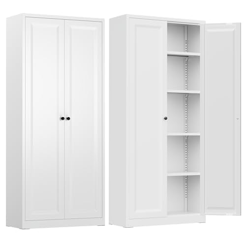 Image of INTERGREAT Metal Storage Cabinet with Magnetic Doors, 63 inch H Traditional European Style Metal Cabinets with 2 Doors and 4 Adjustable Shelves for Home Office, Kitchen, Bathroom (White)