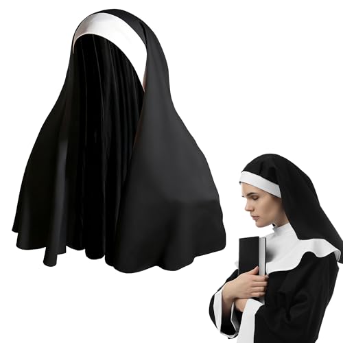 Drokenle Nun Headpiece Costume Elegant Nun Habit Cap Costume Hat Accessory Black and White Nuns Veil Costumes for Women Adult Halloween Cosplay Party