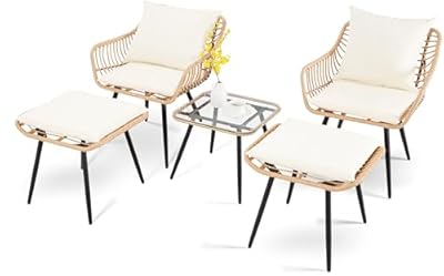 PORWEY 5 Piece Patio Bistro Set with Ottoman, Outdoor Wicker Apartment Balcony Furniture Sets, Rattan Table and Chairs Set of 2 for Porch Backyard Lawn Poolside Deck (Yellow/Beige)