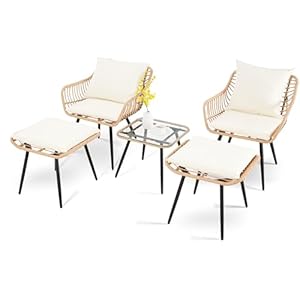 5 Piece Patio Furniture Set, Outdoor Wicker Small Conversation Bistro Set, All-Weather PE Rattan Chairs with Ottoman & Coffee Table, Ideal for Balcony Porch Deck Yard Poolside (Yellow/Beige)