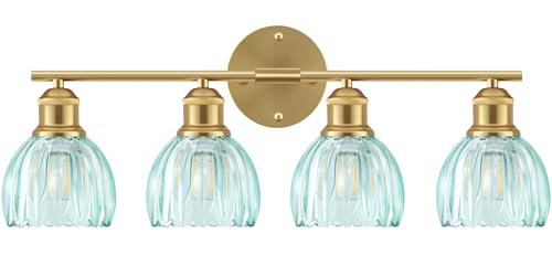 Image of Bathroom Light Fixtures, 4-Light Brushed Gold Vanity Lights for Bathroom with Blue Tulip Glass Shade, 26 inch Vintage Bathroom Vanity Lighting Fixtures Over Mirror for Bedroom Living Room Hallway