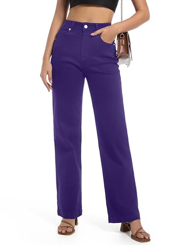 Guaile Womens Jeans High Waisted Straight Leg Stretchy Jeans Trendy Wide Leg Tummy Control Loose Casual Denim Pants Purple Size 4