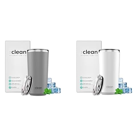 The Clean Hydration Company Insulated Coffee Tumbler 20 Oz | Travel Mug | Ceramic Lined | Iced Coffee Tumbler Cup with Lid | Double Wall Vacuum | Grey & White Cover