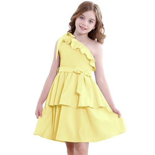Zando Girls Dresses Tween One Shoulder Ruffle Tiered Layer Summer Party Dress for Girls Teen Dress Clothes Gifts Size 5-14