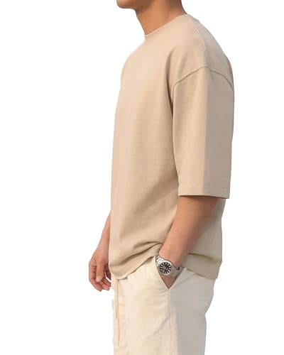 Image of BARKEYO Men's Half Sleeve Round Neck French Terry Oversized Drop Shoulder T-Shirt for Men