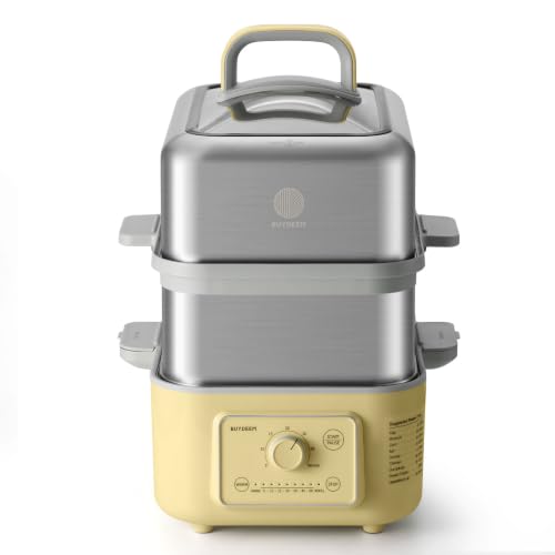 Image of BUYDEEM G52 10.6Qt Electric Food Steamer for Cooking, Mellow Yellow | 1-4 People, 2-hour Keep Warm, 7 Preset Timings, Dual Boil-Dry Protection, Stainless Steel, Glass Lid, 2 Tier