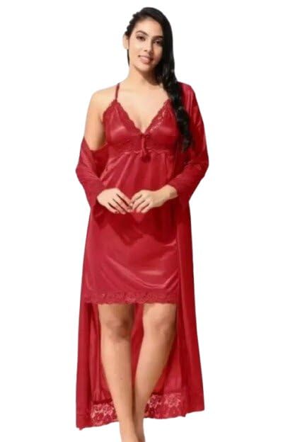 Women Nighty Casual Design Relax Fit Sleep Dress Smooth Fabric Daily Lounge Outfit Red L-image-29