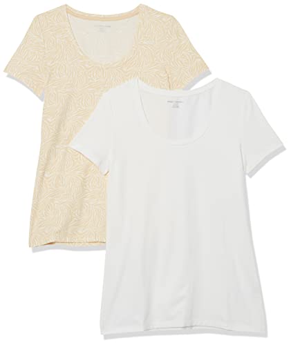 Amazon Essentials Camiseta de Manga Corta con Cuello Redondo y Corte Estándar (Disponible en Tallas Grandes) Mujer, Pack de 2, Blanco/Bronceado Estampado de Animales, S