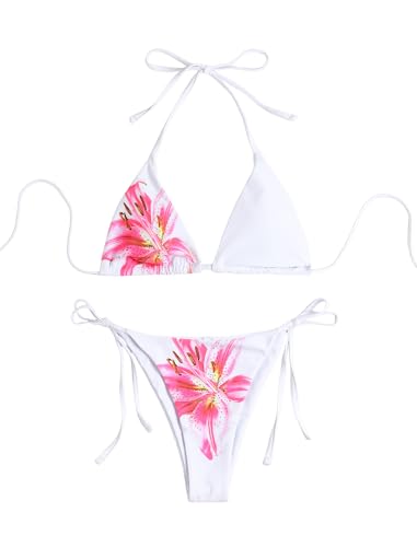 Image of ZAFUL Womens Printed Triangle Bikinis 2 Piece Halter Bikini Sets High Cut Bathing Suit Side Tie Swimsuits
