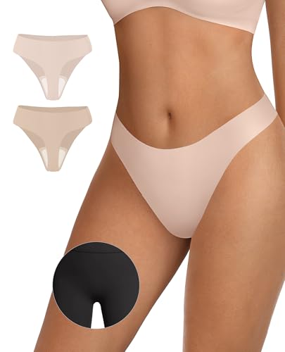 Image of OEAK Seamless Thongs for Women Invisible Thongs No Show Thong Panty Liners Tangas Comfortable Workout G-Strings Underwear Skin Nude+Cream M