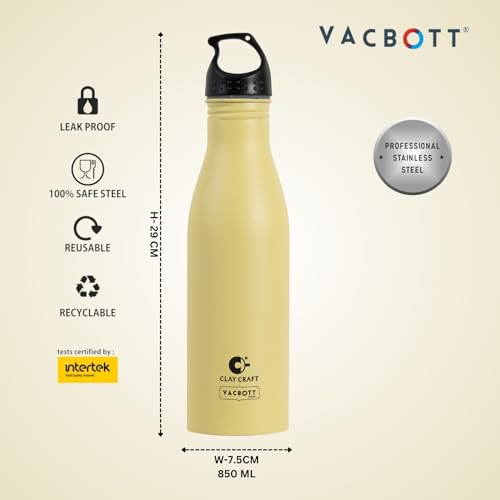 Image of CLAY CRAFT VACBOTT Skipper Single Walled Non Insulated Water Bottle-850ML, 1-Piece(Yellow) Leak Proof | Easy Grip |Easy to Carry| Gym Bottle | Home | Kitchen | Hiking | Treking Bottle | Travel