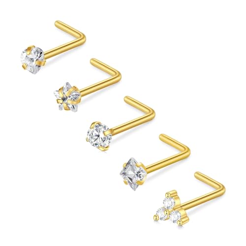 CIZME 5pcs Nose Stud Screw Gold L Shaped Curved Nose Bar 22G 7mm Stainless Steel 22G with Heart Star CZ Piercing Jewellery
