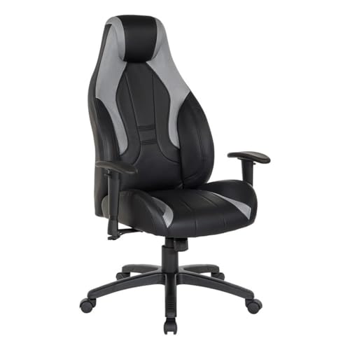 Pemberly Row Gaming Chair, Black Faux Leather with Gray Accents, Ergonomic Design, Adjustable Armrests, Lumbar Support, Tilt Lock Control, 360° Swivel, Durable Foam Upholstery for Home Office or