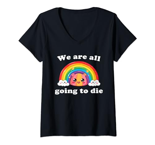 Womens Funny Kawaii Cat Rainbow Tee - Ironic Morbid Twist V-Neck T-Shirt