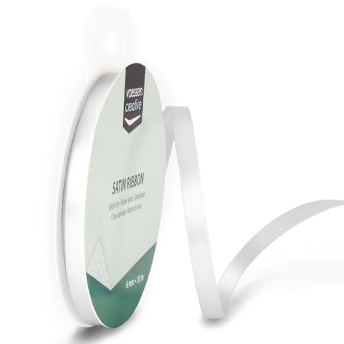 Vaessen Creative Satin Ribbon - White - 10 m x 6 mm - Double-Sided Thin Ribbon for Gift Wrapping, Crafting, Wedding Car Decorations, Card Making, Scrapbooks, and Other Craft Projects