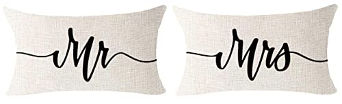 Set Of 2 Anniversary Wedding Birthday Gifts For Couples Mr And Mrs Valentine's Day Lumbar Cotton Linen Decorative Throw Pillow Cover Cushion Case For Outdoor Bedroom Couch Sofa 12 X 20 Inch #TOP29
