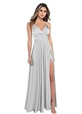 RYANTH Women's Silver Satin Bridesmaid Dresses for Wedding Dress Prom 2025 Long Split A Line Evening Gowns with Pockets Size 14