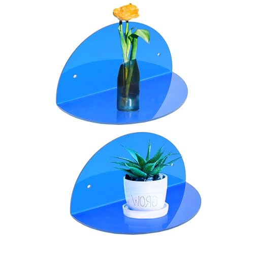 ROYALITA Small Acrylic Shelves Room Decor Floating Shelves (2-Pack, 8-inch Diameter) - Wall Mounted Display Stand for Plants, Toys, Makeup, and More - Ideal for Home and Office, Blue