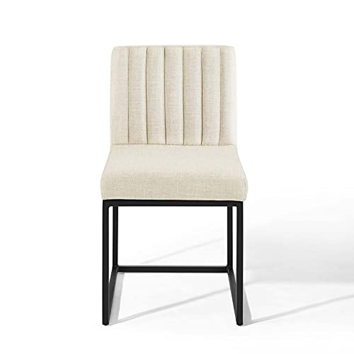 Modway Carriage Channel Tufted Sled Base Upholstered Fabric Dining Chair, Black Beige #TOP4