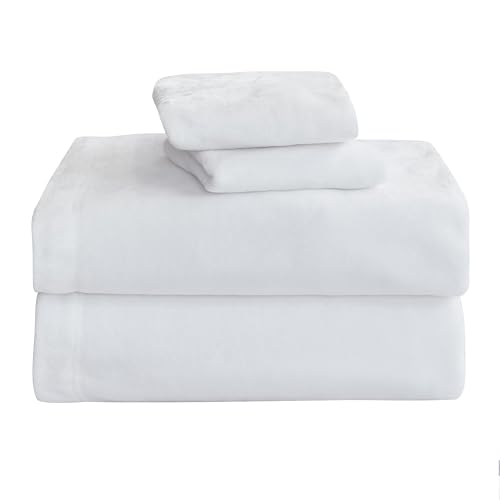 Elegant Comfort Luxuriously Soft 4-Piece Velvet Plush Flannel Sheet Set - Premium Quality - Cozy Warm, Anti-Static, Non Pilling Fuzzy Velvet Flannel Fleece Deep Pocket Sheet Set - Twin XL, White