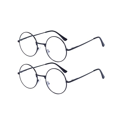 JoXiGo 2 Pezzi Occhiali da Lettura +1.5 (Nero+Nero) Donna Uomo Rotondi Vintage Montatura Metallo + Cinturino per Occhiali + Sacchetto per Occhiali