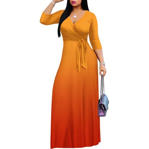 Image of PinkPatty Women's Plus Size Maxi Dress Casual 3 /4 Sleeve Dress with Belt | Soft stretch feel, printed style, flowy A-line fit, v neck, waist tie, side pockets, for vacation, party and daily wear