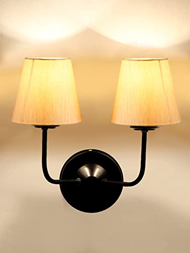 Image of Dual Wall Sconce Wall Lamp (H-10 Inches, Beige) for Living Room /Bedroom, Hall, Study, Kids Room, Home Office, Balcony Decor | Black Metal Finish, Modern Indoor Wall Night Ambient Lighting