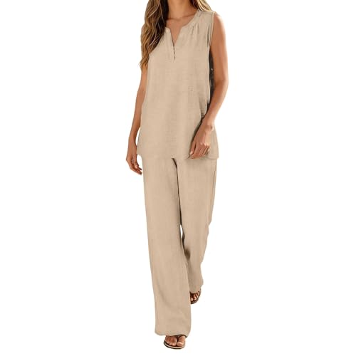 Generisch Trajes de pantalón para mujer, 2 piezas, conjunto de muselina, ropa de salón, ropa de ocio, pijama de dos piezas, ropa de casa, tops y pantalones, traje de jogging para el verano, caqui, XL