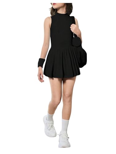Girl's Pleated Tennis Dress Zip Up Mock Neck Sleeveless Athletic Golf Workout Tank Dresses with Built in Shorts