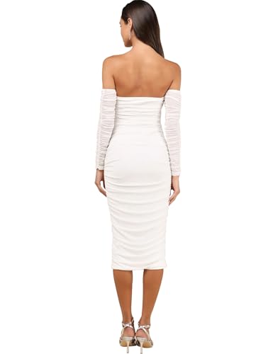 Image of Women's Sexy Ruffle Lace Long Sleeve Off Shoulder Bodycon Dress Ruched Party Midi Dress
