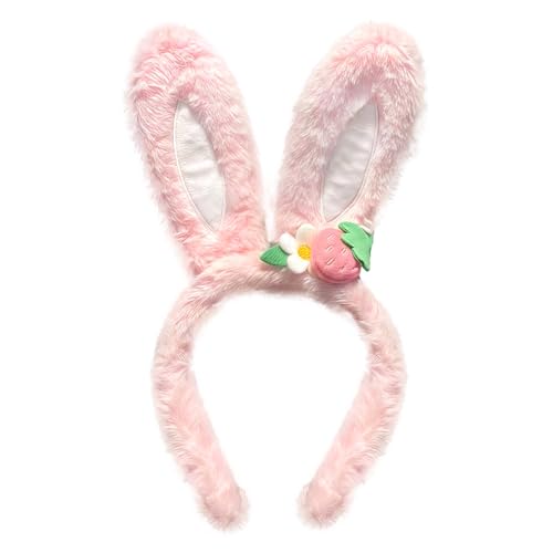 Doneace Easter Bunny Ears Headband Plush Easter Rabbit Ear Hairband Cute Strawberry Bunny Ears Headbands for Women Easter Cosplay Party Headwear Festival Costume Hair Accessories Gift 1PCS(Pink)