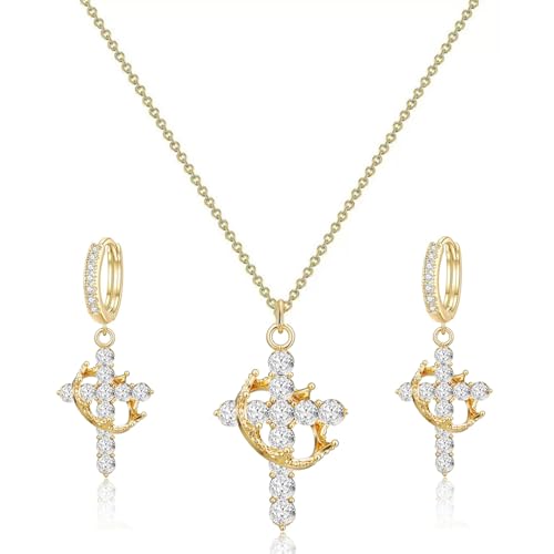 Crown Cross Necklace Earring Set for Women,Diamond Dainty 14k Gold Plated Cubic Zirconia Pendant Necklaces and Earring,Trendy Waterproof Non Tarnish Faith Jewelry First Communion Necklace