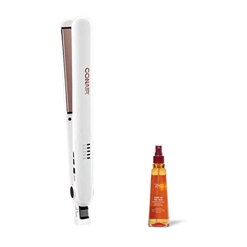 Conair Double Ceramic Flat Iron, 1 Inch, White/Rose Gold, Flat Iron Protection Spray Travel Size Bundle