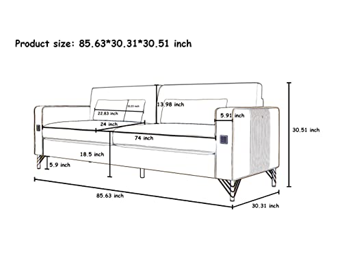 Drymote Blue 85.63" Velvet Couch With 2 Pillows 3 Seater, Modern Couches For Living Room With Firm Frame & Gold Metal Legs, Sectional Couch For Bedroom, Office #TOP1