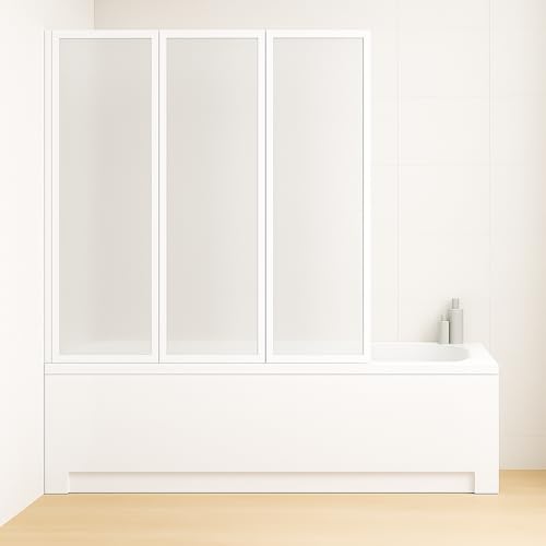 Paluplus Sopravasca Pieghevole a soffietto con 3 Pannelli, Misura 128-130x140 cm, Parete doccia reversibile in acrilico piumato da 1,6 mm e profilo in alluminio bianco, per vasca da bagno -130C -15