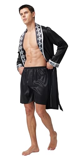 Image of TONY AND CANDICE Men's Satin Robe Lightweight Long Sleeve Silk Kimono Bathrobe with Shorts Set Sleepwear