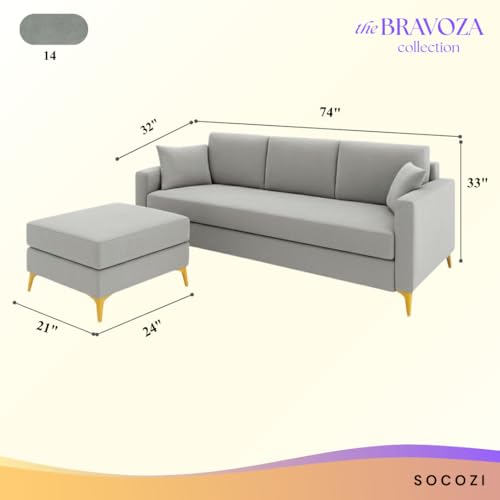 Image of SOCOZI Bravelle 4 Seater L Shape Sofa Set with Movable Ottoman | Flexible Left or Right Layout | Soft Velvet Suede Fabric | Modern Design | Plush Comfort Cushions for Living Room (Light Grey)