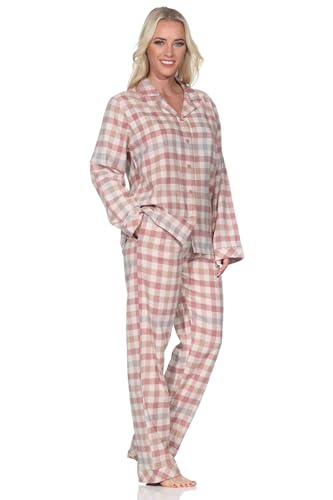 Normann Damen Flanell Schlafanzug Langarm Pyjama mit Knopfleiste in Karo-Optik, Farbe:Altrose, Größe:40-42