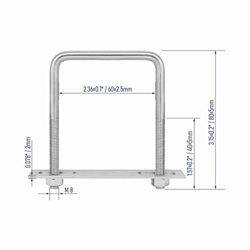 Image of 304 Stainless Steel Square U-Bolts 2-3 /8 inch(60mm) Inner Width, 3.15 inch(80mm) Length Stainless M8 with Nuts, Frame Plate, Accessories for Automobiles Trailer, Boat Trailer Industrial Parts