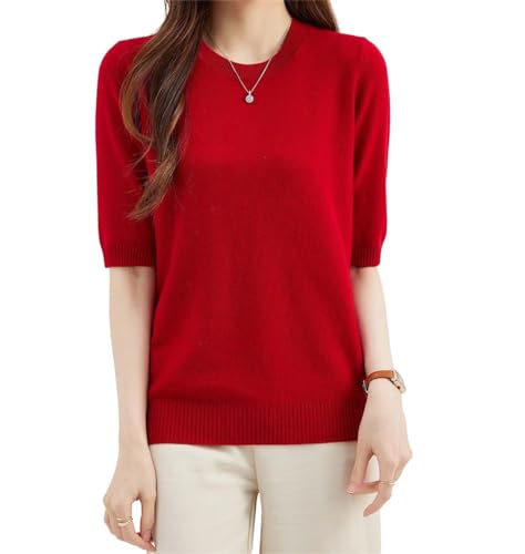 Women Summer Fall 100% Merino Wool Sweater Crewneck Short Sleeve Tops Knit Pullovers Jerseys Sweater