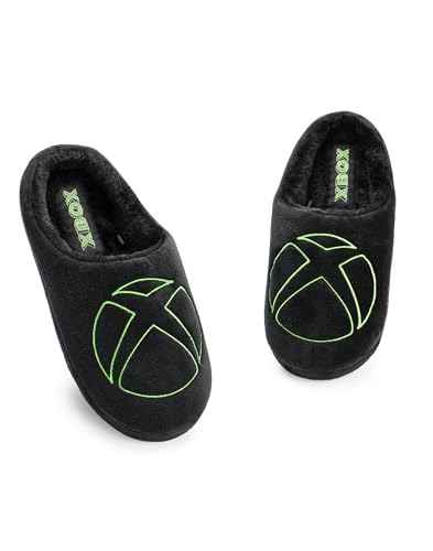 XBOX Slippers for Men | Adults Gaming Logo Slip On Mules in Black Velour | Game Console Fur Lined House shoes with Rubber Sole | Microsoft Gamer Indoor Bedroom Footwear Merchandise Gift